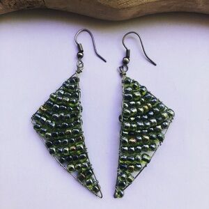 Green Beaded Triangle Earrings